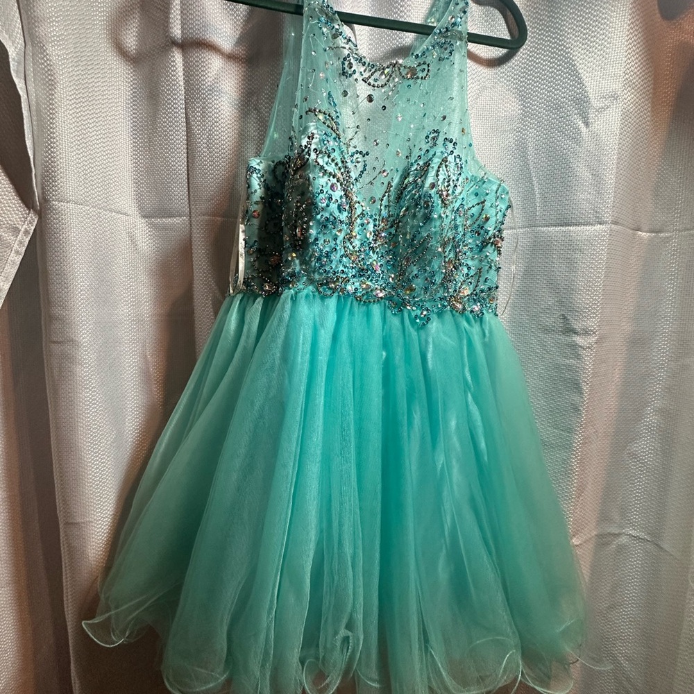 FabuLuxe Couture Girls Pageant Party Dress Blue Aqua Tulle Hand Beaded YXL Prom